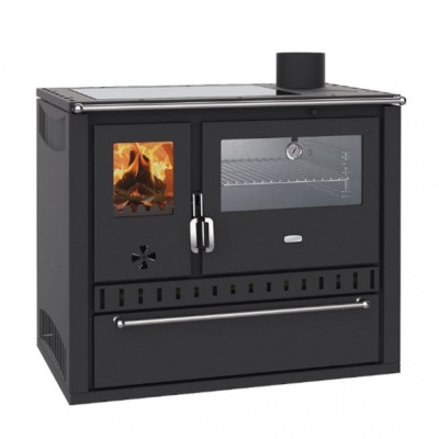 Brændekomfur med vandtank Prity GT W10, med rustfri ovn, glaskeramisk kogeplade og skuffe 9.6 kW - Brændekomfurer med vandtank