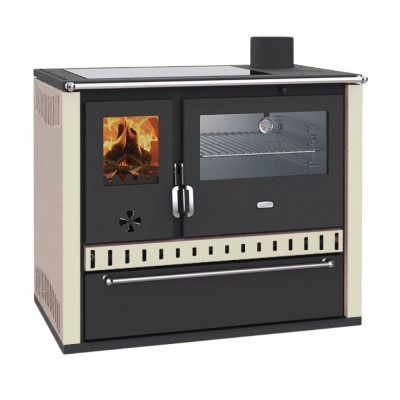 Brændekomfur med vandtank Prity GT W10 Elfenben, med ovn i rustfrit stål, glaskeramisk humle og skuffe, 9.6kW - Brændekomfurer med vandtank