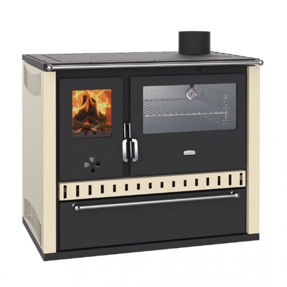 Brændekomfur med vandtank Prity GT W10 Elfenben, med rustfrit stål ovn, stål humle og skuffe, 9.6 kW | Brændeovn med bageovn | Brændeovne |