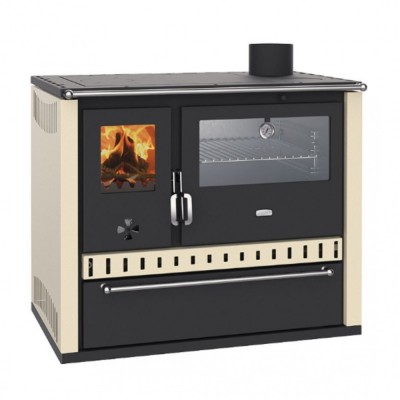 Brændekomfur med vandtank Prity GT W10 Elfenben, med rustfrit stål ovn, stål humle og skuffe, 9.6 kW - Brændekomfurer med vandtank