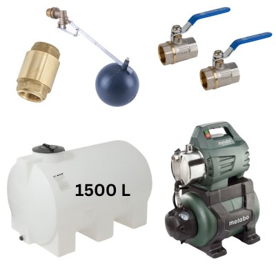 Sæt „Drikkevand 1500L“ med Mavil vandtank (hvid, horisontal) og Metabo hydroforpumpe - Produktsammenligning