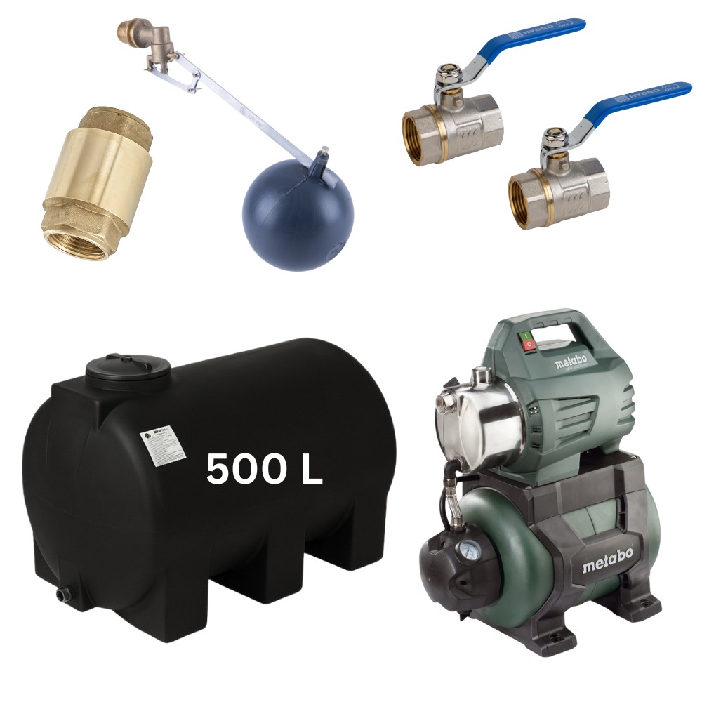 Sæt „Drikkevand 500L“ #2 med Mavil vandtank (sort, vandret) og Metabo hydroforpumpe | Vandtanke til drikkevand |  |