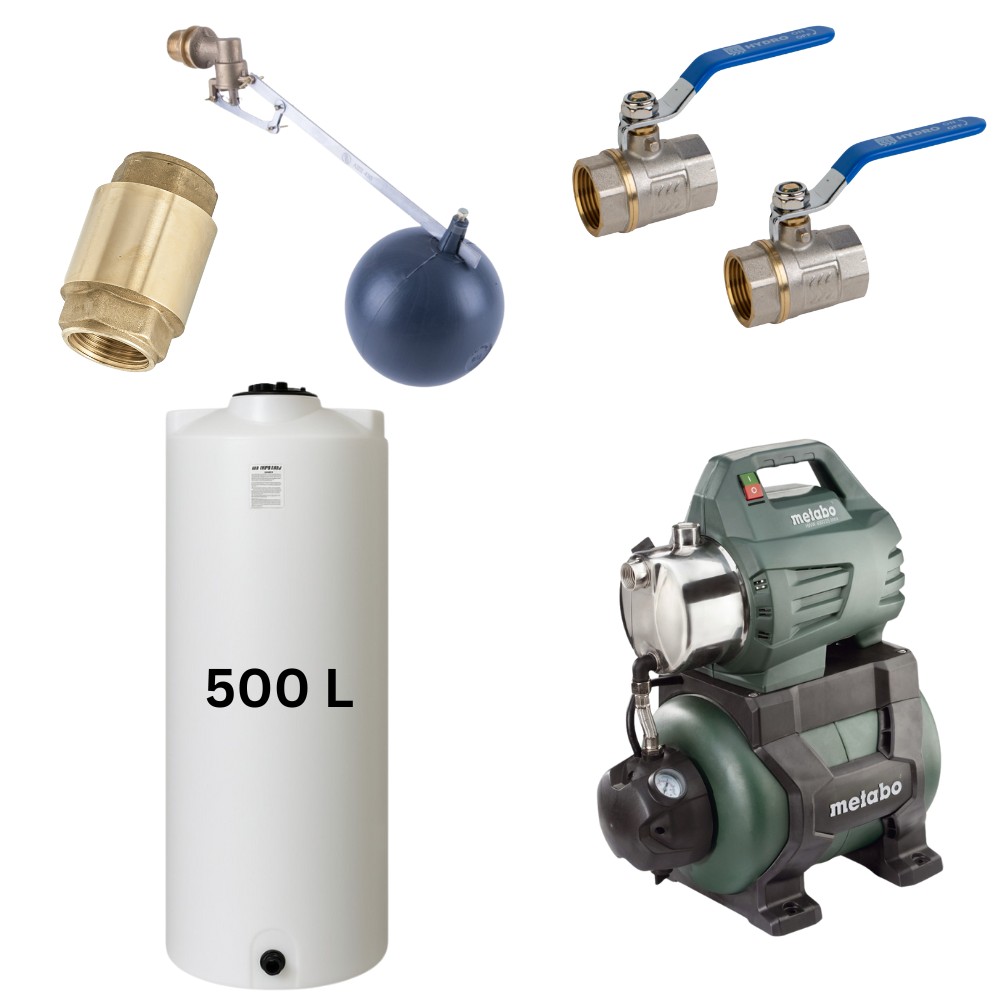 Sæt „Drikkevand 500L“ med Mavil vandtank (hvid, cylindrisk) og Metabo hydroforpumpe | Vandtanke til drikkevand |  |