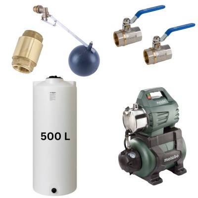 Sæt „Drikkevand 500L“ med Mavil vandtank (hvid, cylindrisk) og Metabo hydroforpumpe - Produktsammenligning