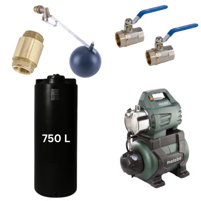 Sæt „Drikkevand 750L“ med Mavil vandtank (sort, cylindrisk) og Metabo hydroforpumpe - Produktsammenligning