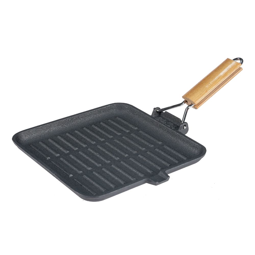 Grillpande i støbejern med foldbart træhåndtag, 24x24 cm |  |  |