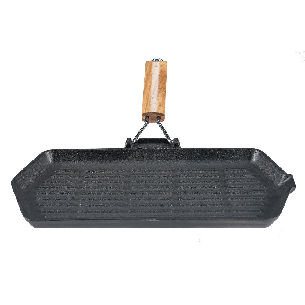 Grillpande i støbejern med foldbart træhåndtag, 35x21 cm |  |  |