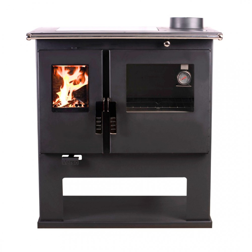 Brændekomfur Verso CS Inox Ceramic Højre med ovn i rustfrit stål og glaskeramisk kogeplade, 7.7kW | Brændeovn med bageovn | Brændeovne |