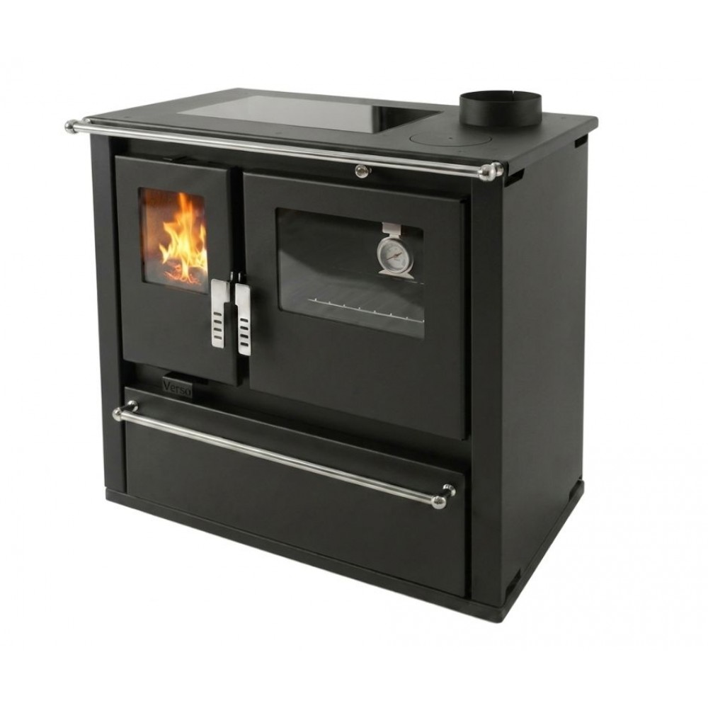 Brændekomfur Verso CS Plus med ovn i rustfrit stål og glaskeramisk kogeplade, Sort, Højre, 7.7kW