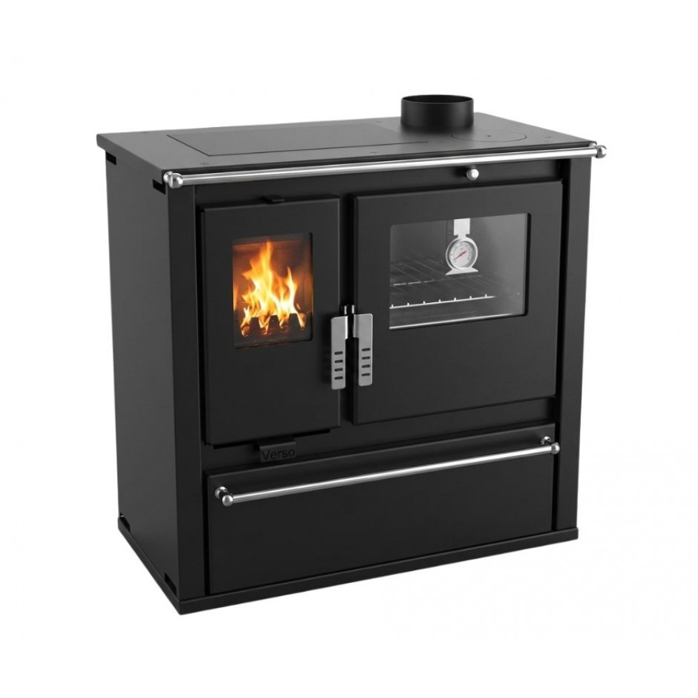 Brændekomfur Verso CS Plus med ovn i rustfrit stål og kogeplade i stål, Sort, Højre, 7.7kW