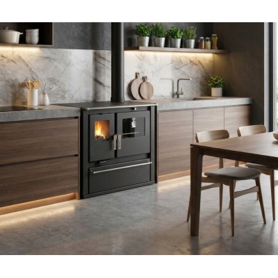 Brændekomfur Verso CS Plus med ovn i rustfrit stål og glaskeramisk kogeplade, Sort, Højre, 7.7kW - Brændeovne