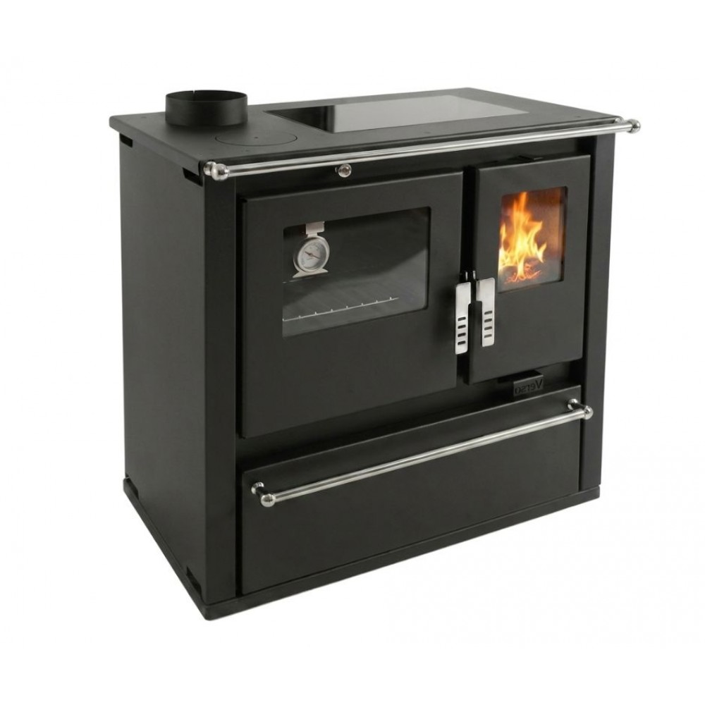 Brændekomfur Verso CS Plus med ovn i rustfrit stål og glaskeramisk kogeplade, Sort, Venstre, 7.7kW