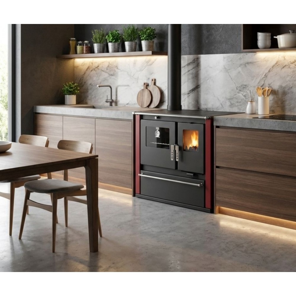 Brændekomfur Verso CS Plus med ovn i rustfrit stål og glaskeramisk kogeplade, Rød, Venstre, 7.7kW | Brændeovn med bageovn | Brændeovne |