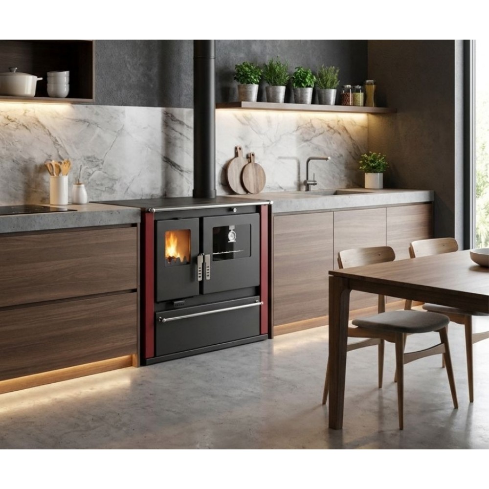 Brændekomfur Verso CS Plus med ovn og kogeplade i stål, Rød, Højre, 7.7kW | Brændeovn med bageovn | Brændeovne |