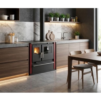 Brændekomfur Verso CS Plus med ovn i rustfrit stål og glaskeramisk kogeplade, Rød, Højre, 7.7kW - Brændeovne