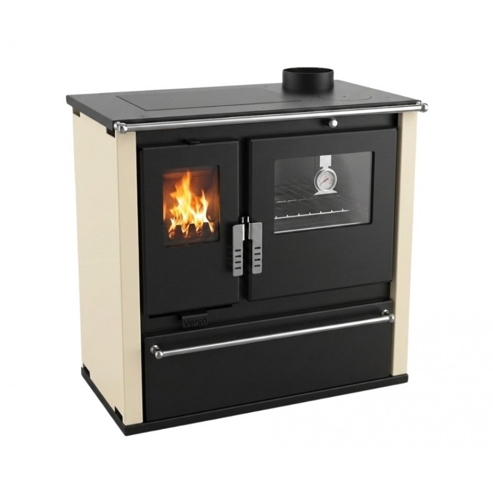 Brændekomfur Verso CS Plus med ovn i rustfrit stål og kogeplade i stål, Elfenben, Højre, 7.7kW