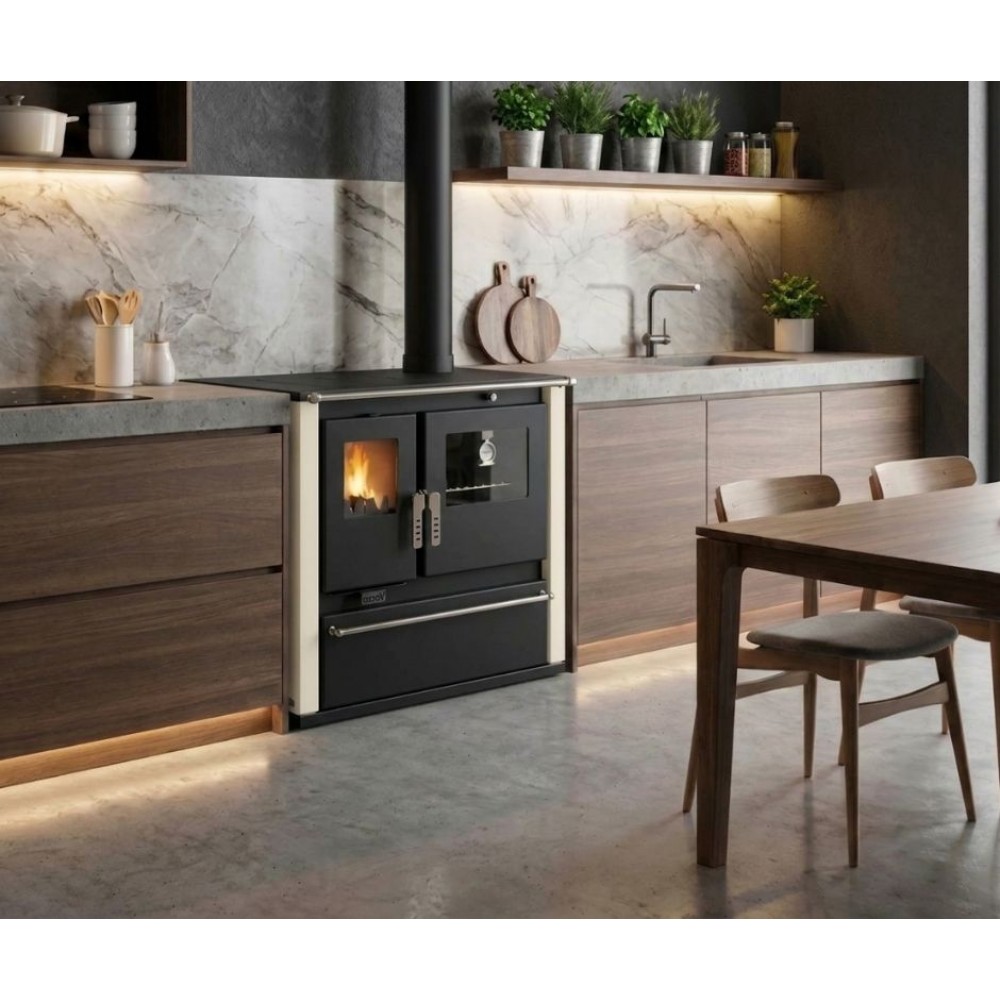 Brændekomfur Verso CS Plus med ovn i rustfrit stål og glaskeramisk kogeplade, Elfenben, Højre, 7.7kW | Brændeovn med bageovn | Brændeovne |