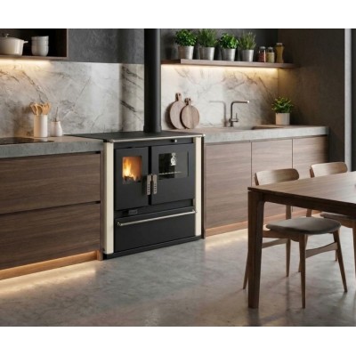 Brændekomfur Verso CS Plus med ovn i rustfrit stål og glaskeramisk kogeplade, Elfenben, Højre, 7.7kW - Brændeovne