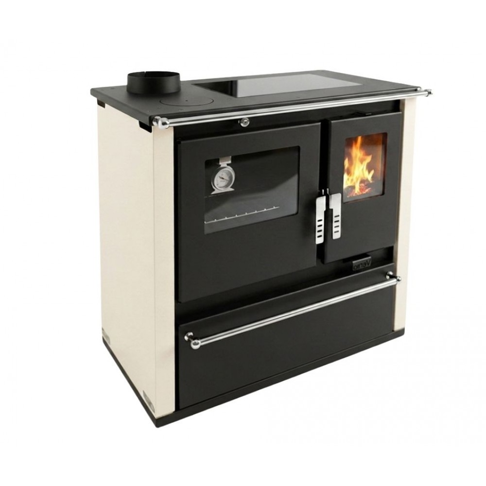 Brændekomfur Verso CS Plus med ovn i rustfrit stål og glaskeramisk kogeplade, Elfenben, Venstre, 7.7kW
