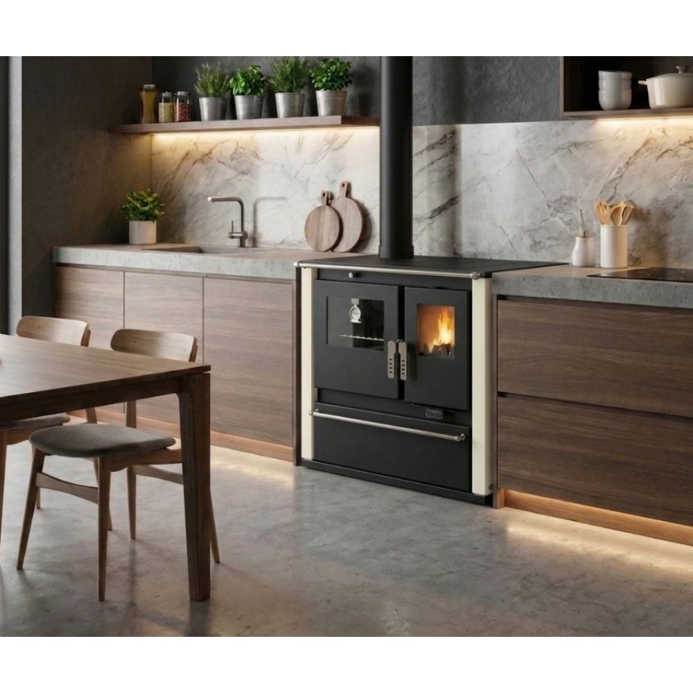 Brændekomfur Verso CS Plus med ovn og kogeplade i stål, Elfenben, Venstre, 7.7kW | Brændeovn med bageovn | Brændeovne |