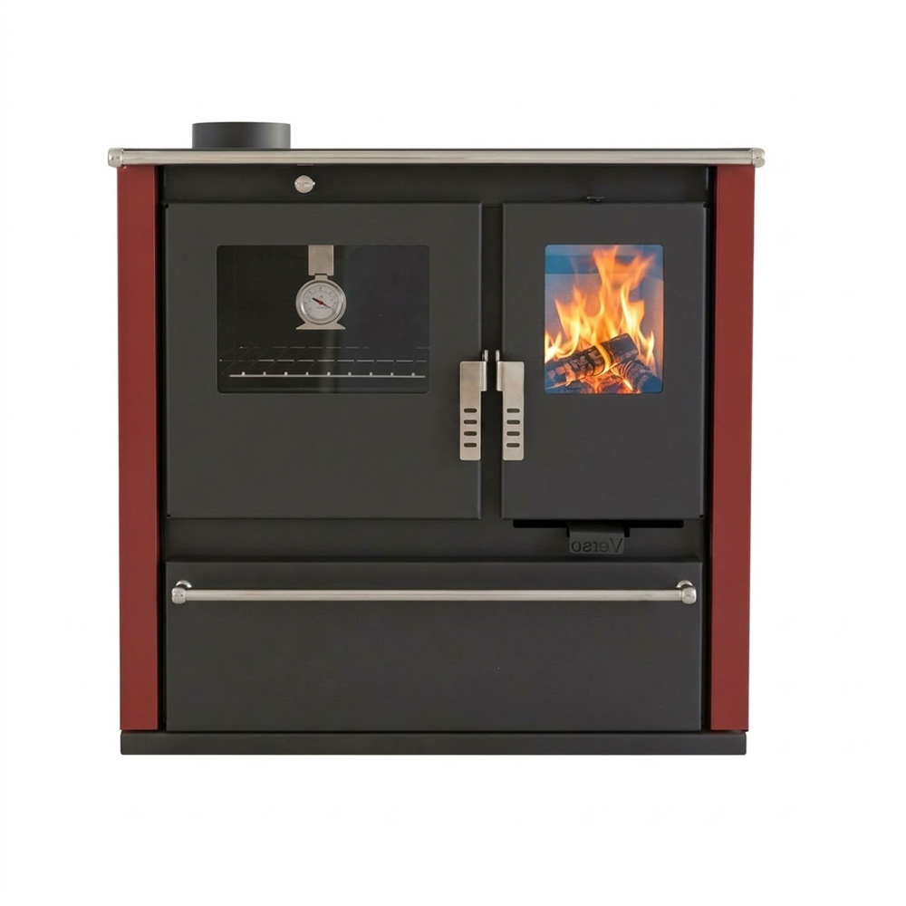 Brændekomfur Verso CS Plus med ovn i rustfrit stål og glaskeramisk kogeplade, Rød, Venstre, 7.7kW | Brændeovn med bageovn | Brændeovne |