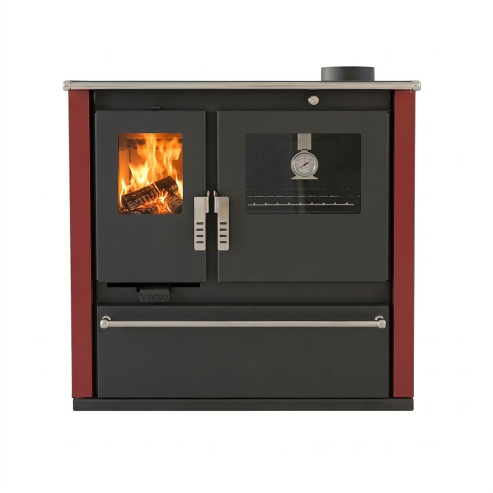 Brændekomfur Verso CS Plus med ovn i rustfrit stål og glaskeramisk kogeplade, Rød, Højre, 7.7kW | Brændeovn med bageovn | Brændeovne |