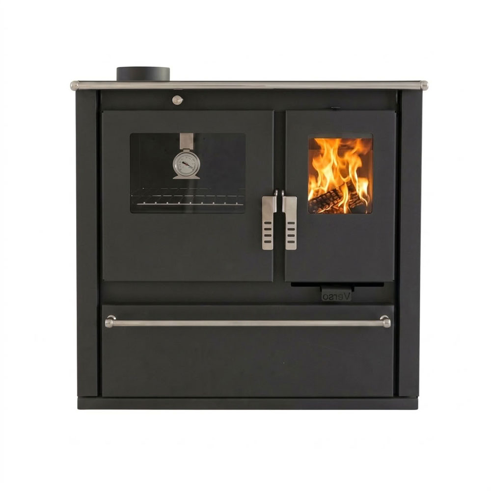 Brændekomfur Verso CS Plus med ovn i rustfrit stål og glaskeramisk kogeplade, Elfenben, Højre, 7.7kW | Brændeovn med bageovn | Brændeovne |