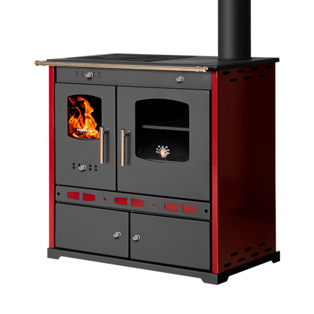 Brændekomfur Prometey Perfect Eco Lux med højre aftræk, bordeaux, 7.5kW |  |  |