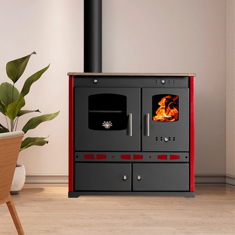 Brændekomfur Prometey Perfect Eco Lux med venstre aftræk, bordeaux, 7.5kW |  |  |