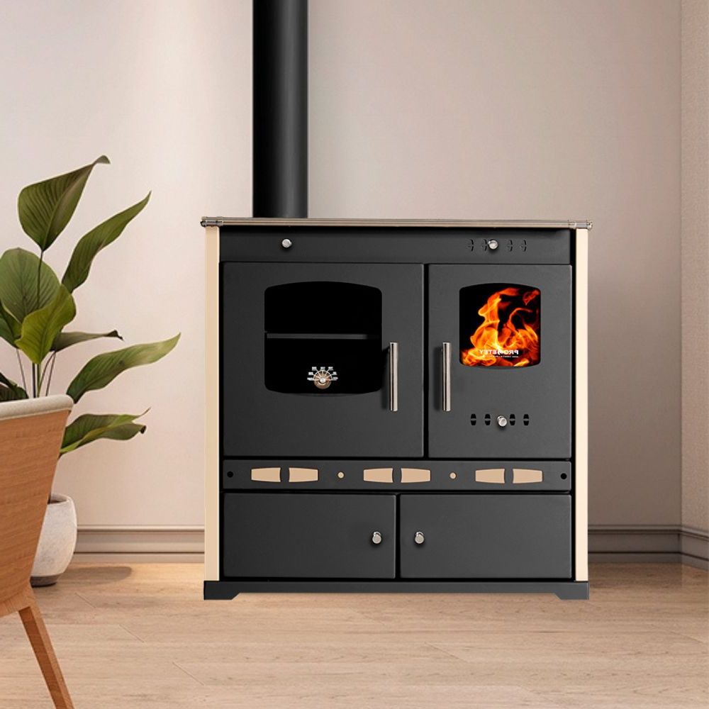 Brændekomfur Prometey Perfect Eco Lux med venstre aftræk, elfenben, 7.5kW | Brændeovn med bageovn | Brændeovne |