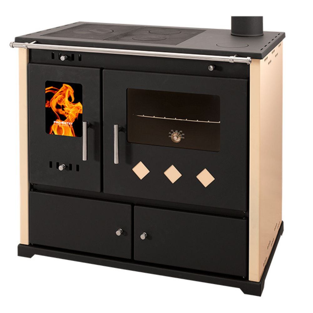 Brændekomfur Prometey Perfect Practik Lux, elfenben, højre flue, 9.5kW |  |  |