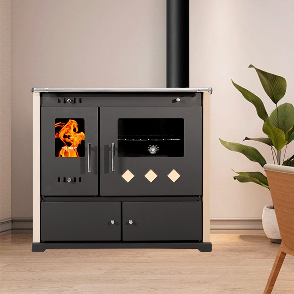Brændekomfur Prometey Perfect Practik Lux, elfenben, højre flue, 9.5kW |  |  |