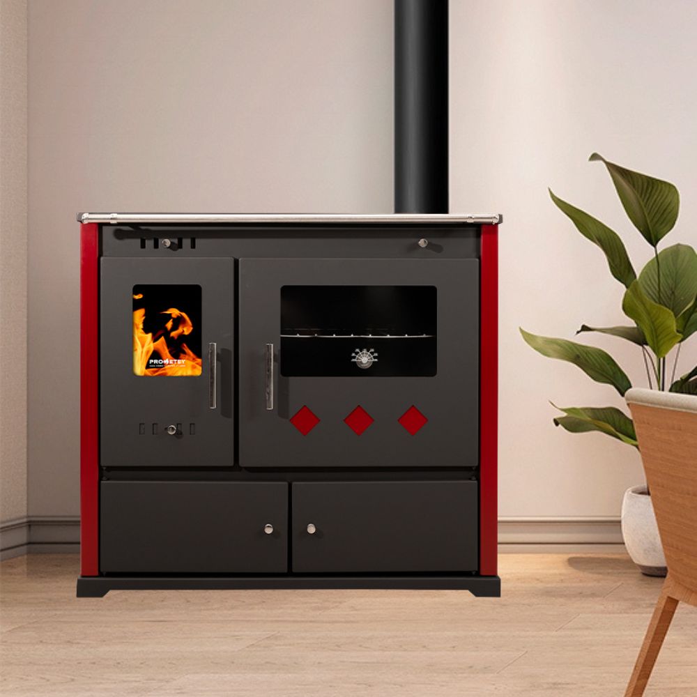 Brændekomfur Prometey Perfect Practik Lux med keramisk kogeplade, højre aftræk, bordeaux, 9.5kW |  |  |