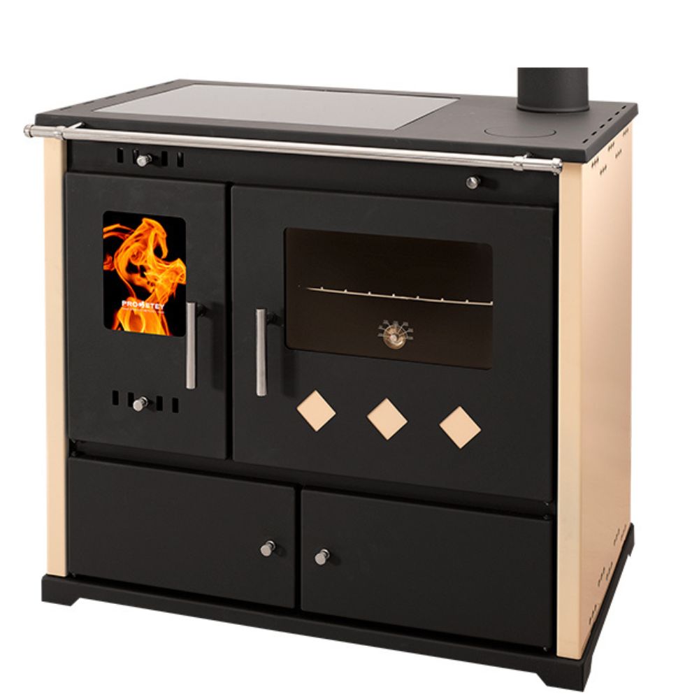 Brændekomfur Prometey Perfect Practik Lux med keramisk kogeplade, højre aftræk, elfenben, 9.5kW |  |  |