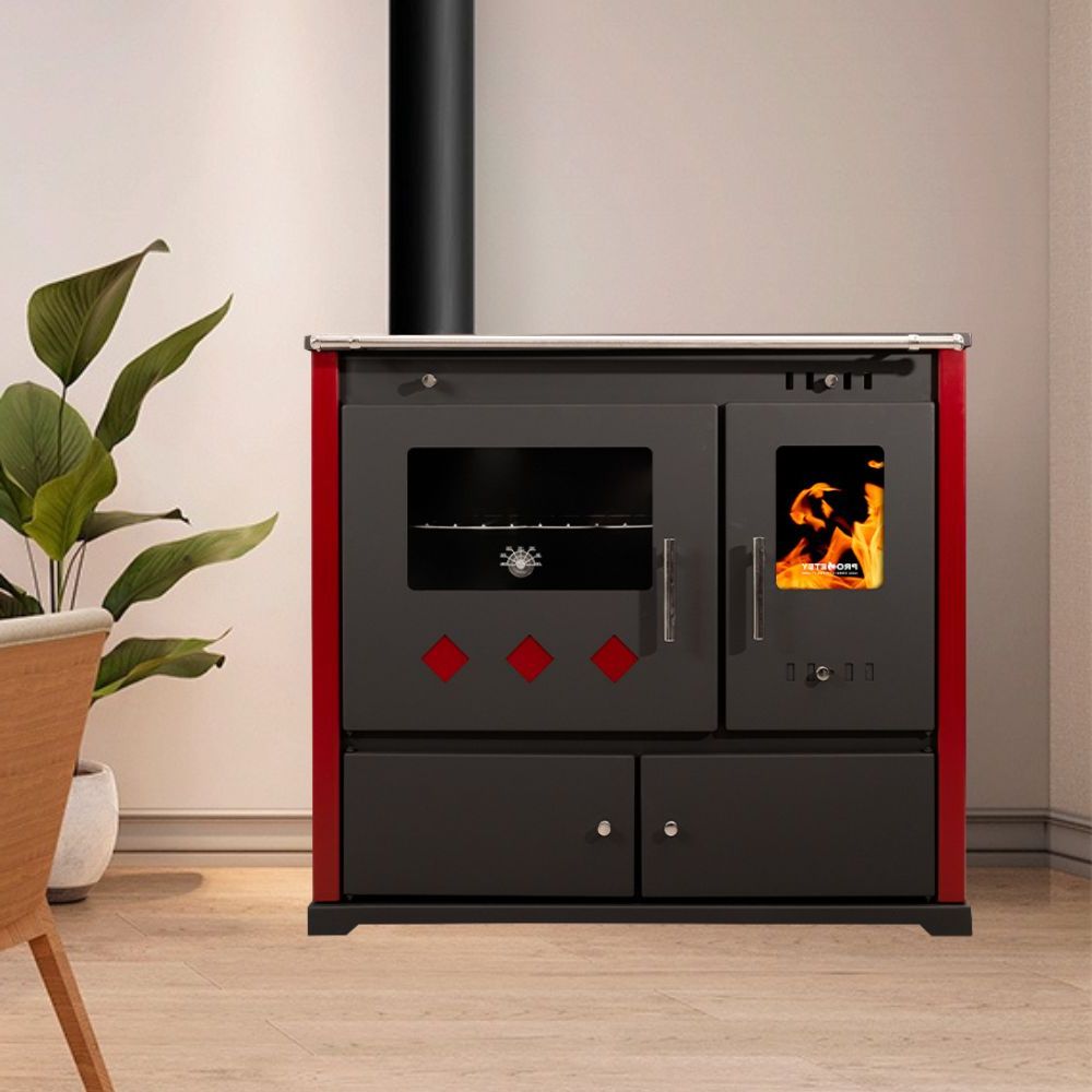 Brændekomfur Prometey Perfect Practik Lux med keramisk kogeplade, venstre aftræk, bordeaux, 9.5kW |  |  |