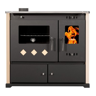 Brændekomfur Prometey Perfect Practik Lux med keramisk kogeplade, venstre aftræk, elfenben, 9.5kW - Prometey