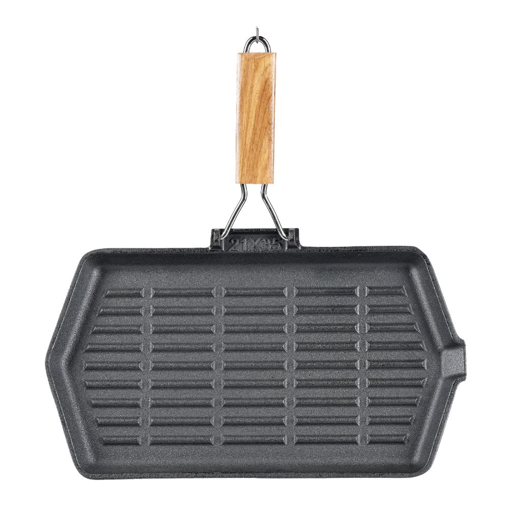 Grillpande i støbejern med foldbart træhåndtag, 35x21 cm |  |  |
