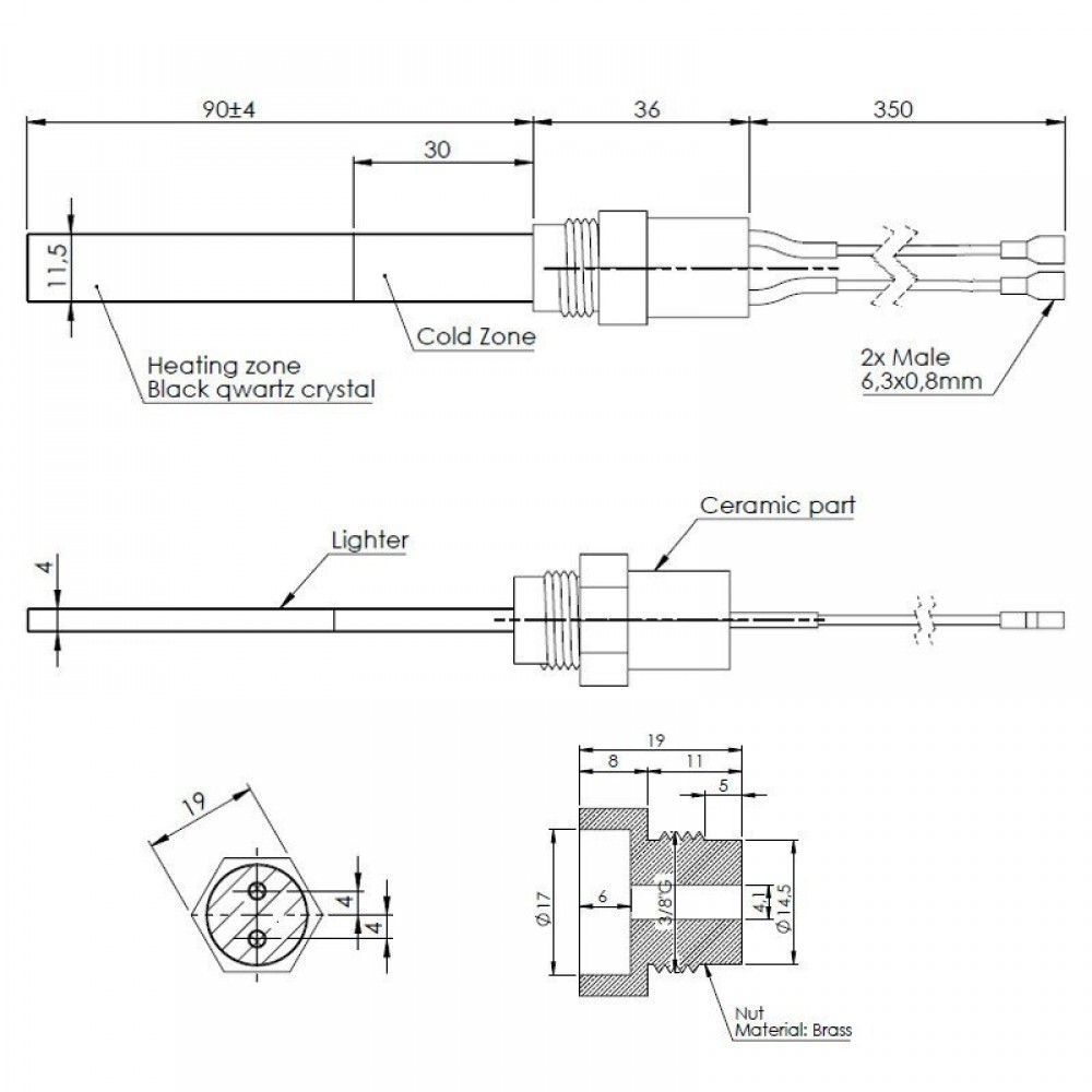 Gløderør / Eltænder med sort kvartskrystal til pilleovne Karmek One, La Nordica m.fl., samlet længde 126mm, 300W | Gløderør til pilleovn | Reservedele til Pilleovn |