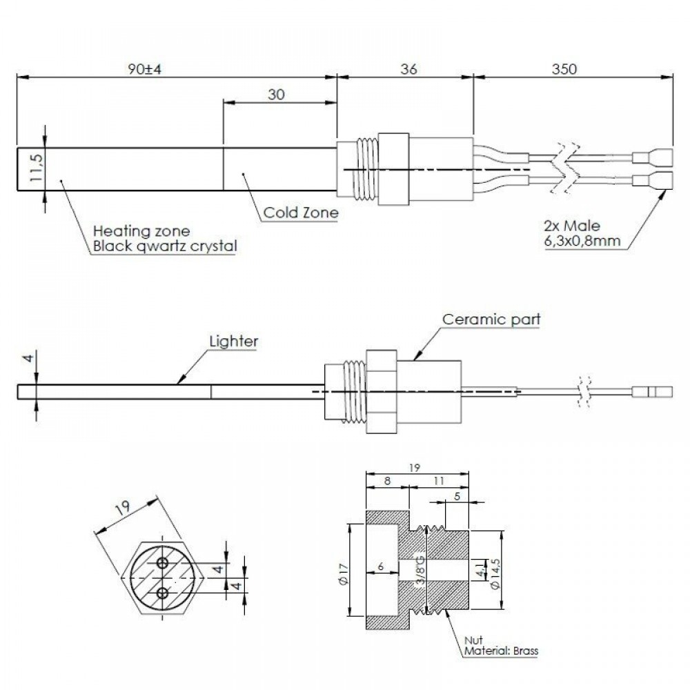 Gløderør / Eltænder til pilleovne, total længde 126 mm, 120W til 24V | Gløderør til pilleovn | Reservedele til Pilleovn |