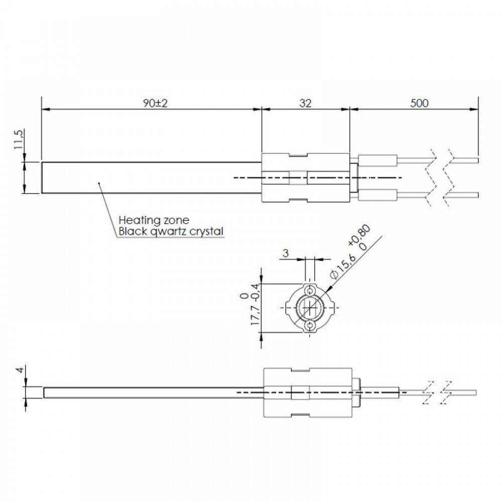 Gløderør / Eltænder med sort kvartskrystal til pilleovne, total længde 122mm, 400W | Gløderør til pilleovn | Reservedele til Pilleovn |
