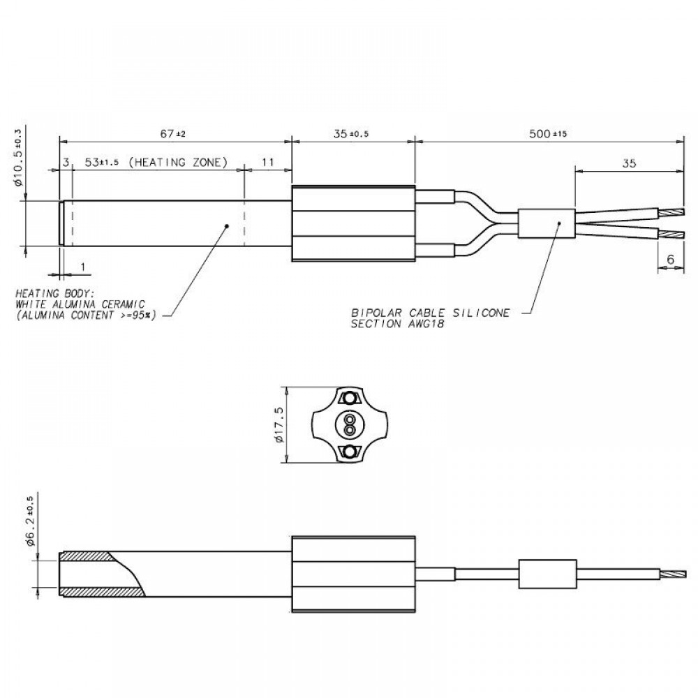 Keramisk gløderør / eltænder til pilleovne Eco Spar, BURNiT, Ashley, Adler, AMG, Piazzetta og andre, total længde 102mm, 250W - x2 | Gløderør til pilleovn | Reservedele til Pilleovn |