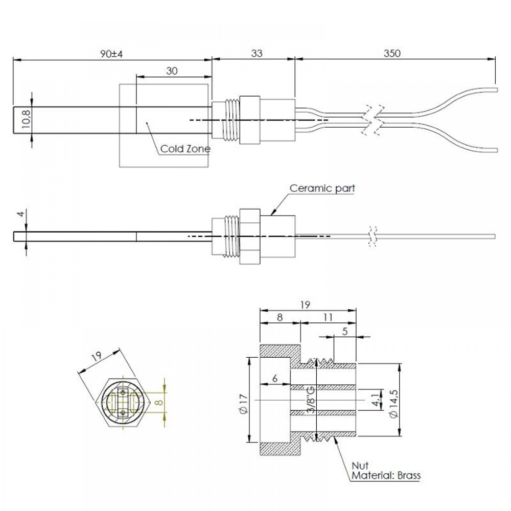 Gløderør / Eltænder til pilleovne, total længde 123 mm, 120W til 24V | Gløderør til pilleovn | Reservedele til Pilleovn |